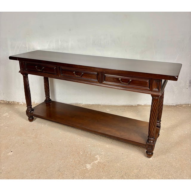 Large Spanish Walnut Rustic Console with Three Drawers and Lower Shelf, 1930s For Sale - Image 10 of 15