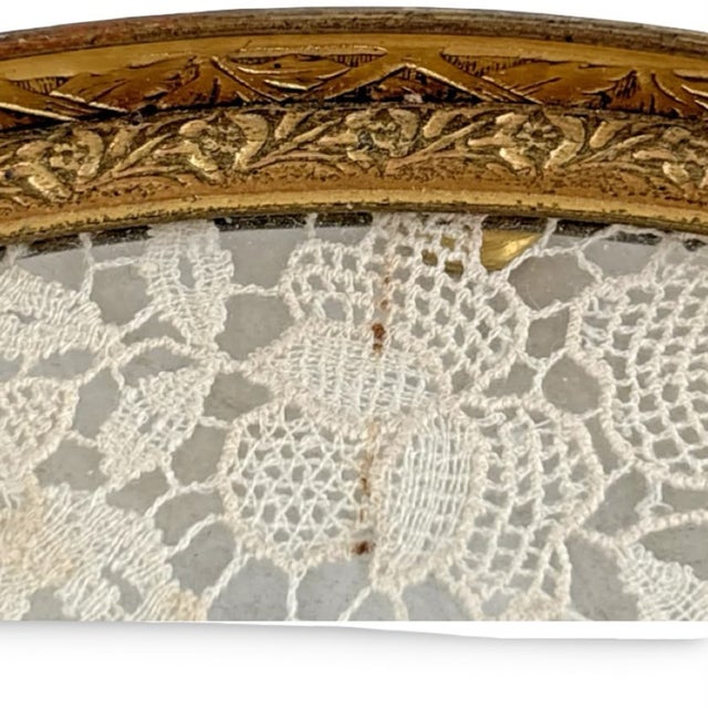 Antique Apollo Silver Co. Gilt Brass Vanity Tray With Lace Under Glass For Sale - Image 9 of 13