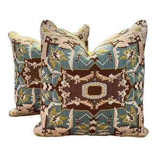 Teal, Brown + Chartruese Medalian Print Pillows- a Pair For Sale