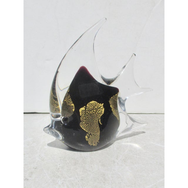 Murano Angel Fish with black and gold markings in a thick glass form. Charming form with gold accents over the inner black...