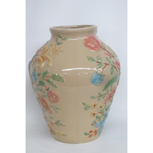 Robinson Ransbottom Pottery Co. RRP Co Roseville Lucia Vase Tall Ceramic Raised Floral Motif Cream Color 4527b For Sale - Image 4 of 14