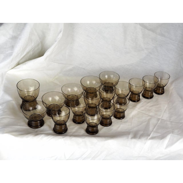 1970s French Smoked Blown Engraved Glasses- Set of 17 For Sale - Image 13 of 13