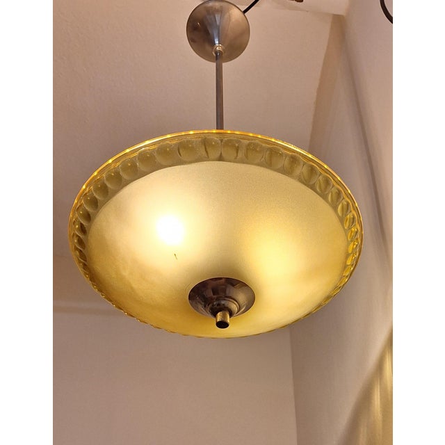 German Art Deco Chrome-Plated Metal Ceiling Lamp with Yellow Cut Crystal Glass Shade, 1930s For Sale - Image 3 of 8