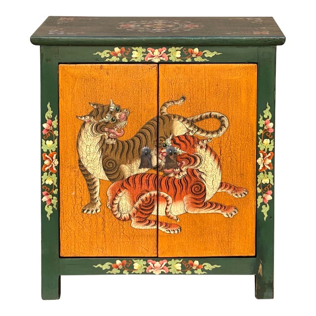 Tibetan Style Green Orange Two Tigers End Table Nightstand For Sale