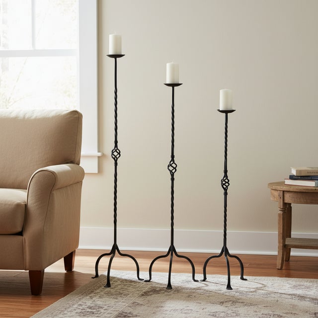 The Rope & Cage Masterpiece: Floor Candelabra Set ️ This Hand-Forged Iron Set (121 cm, 111 cm, 101 cm) is designed for...