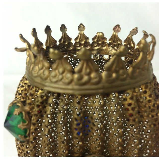 1910s Small Victorian Bejeweled Pierced Brass Goblet-Shaped Stand and Shade For Sale - Image 9 of 9