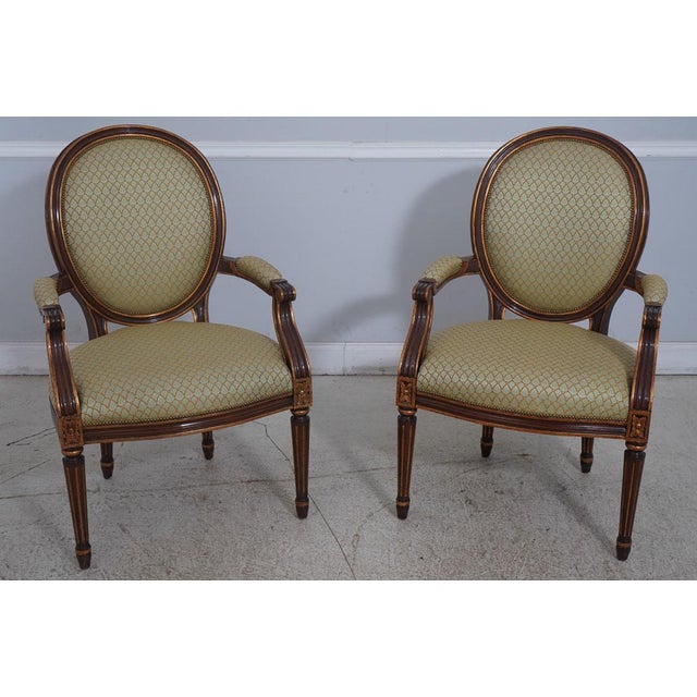 French Set of 8 American Made Vintage Louis XVI Round-Back Dining Chairs With Pastel Blue and Gold Fabric by Nancy Corzine Furniture For Sale - Image 3 of 13