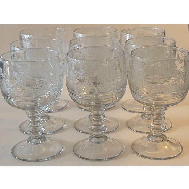 1930s Cambridge Imperial Fox Hunt Scene Glass Goblets Tally Ho Hay Day - Set of 9 For Sale - Image 14 of 15