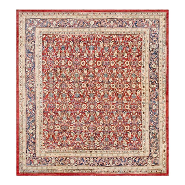 Fantastic Red and Blue Color With Great Palmette Antique Agra Rug For Sale