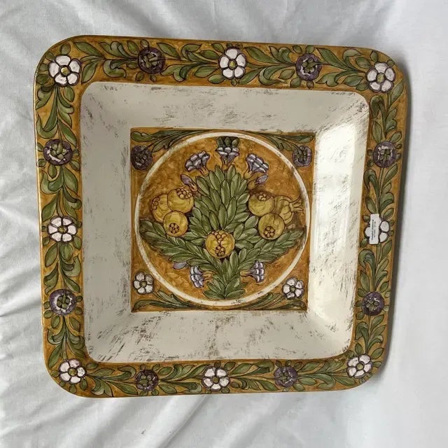 Yellow 1990s Italian Hand-Painted Square Ceramic Wall Plate Artistry For Sale - Image 8 of 9