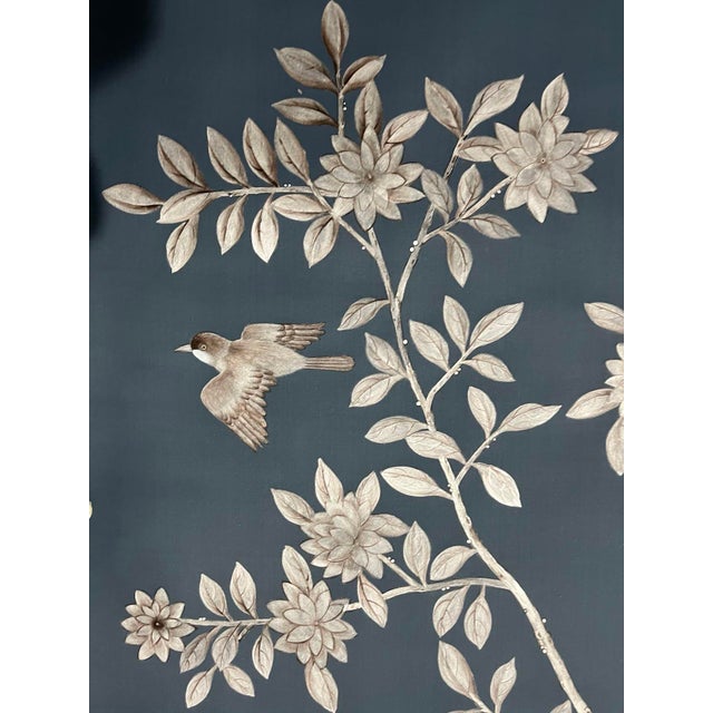 Custom Hand-Painted Mural | Chinoiserie Navy Floral Tree Bird Wallpaper Covering For Sale - Image 10 of 10