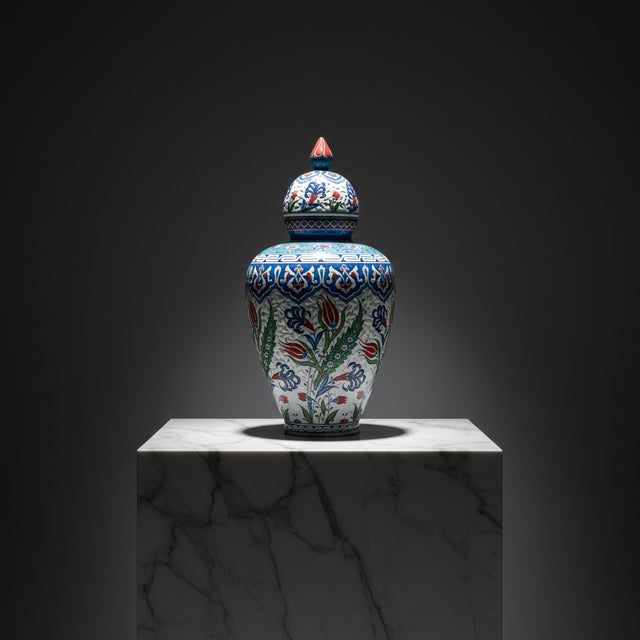 Red Handmade Ceramic Vizier Jar (30cm) Carved Relief Texture and Ottoman Red Tulips For Sale - Image 8 of 8