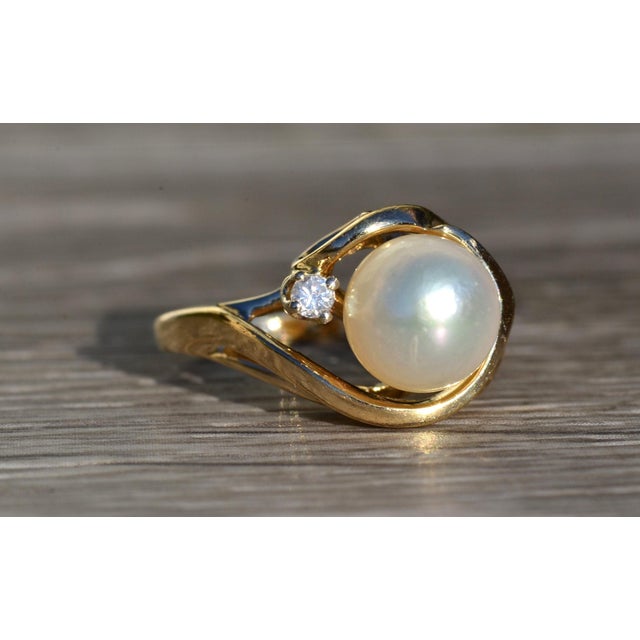 Metal The Slayden: Ladies 14K Gold Ring set with Pearl and Diamond Accent For Sale - Image 7 of 10