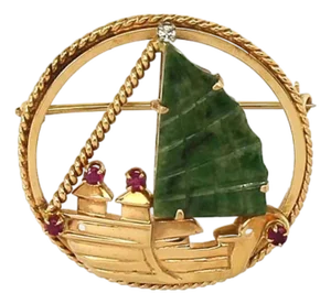 Diamond Jade & Ruby 14k Yellow Gold Sail Boat Round Pin Brooch