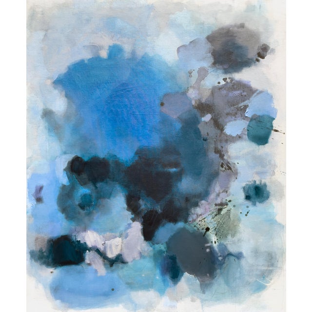 Contemporary Large Atmospheric Blue Lyrical Abstraction Painting by Stacey Warnix With Deep Indigo Accents For Sale - Image 3 of 11