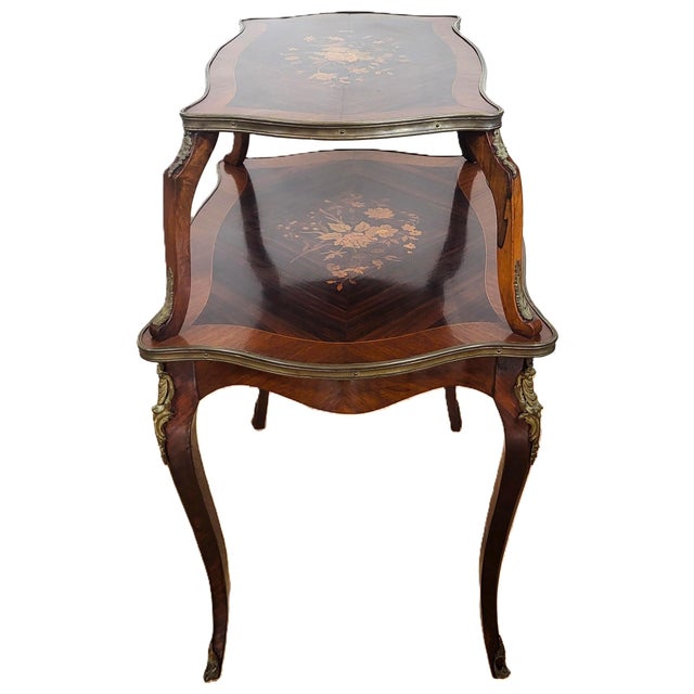 Early 19th Century Antique French Louis XV Floral Inlay Rosewood & Bronze Double Tier Dessert Table For Sale - Image 5 of 15