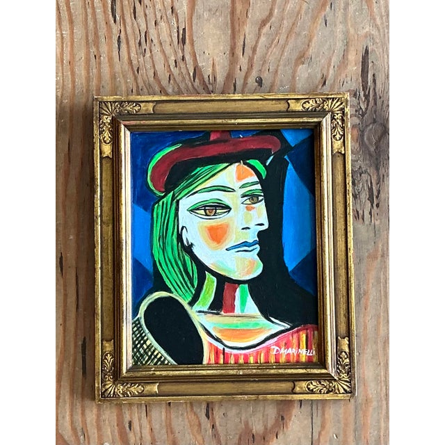 This vibrant vintage oil painting on board captures the bold energy of the Cubist movement, drawing clear inspiration from...