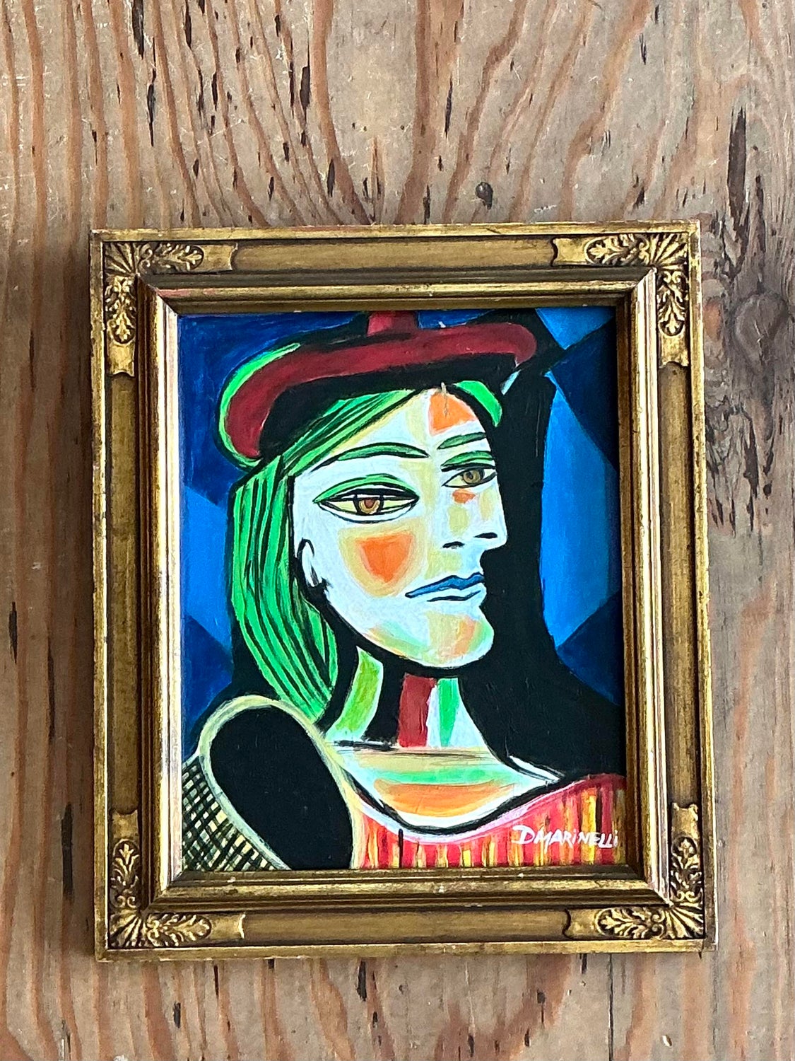 Vintage Cubist Figurative Oil on Board After Picasso - Side view