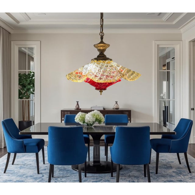 Murano Vintage Murano Fazzoletto Art Glass “Fiore Di Fuoco” Amber Red Pendant Light For Sale - Image 4 of 18