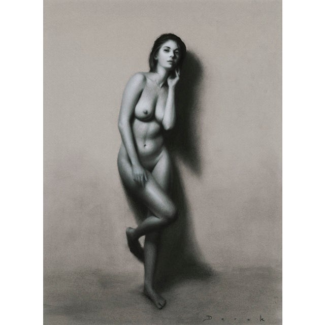 This charcoal drawing presents a figure in a moment of introspection, poised delicately with one hand resting on her face....