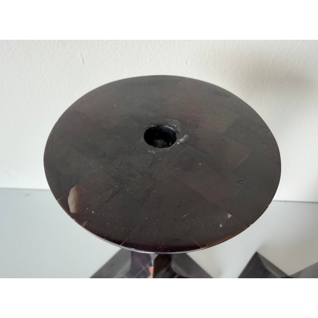 1990s Vintage Maitland Smith–Style Tessellated Horn Veneer and Brass Candle Holders – Set of 3 For Sale - Image 5 of 12