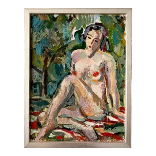 Petite French Nude en Plein Aire, Vintage Oil on Canvas, Framed For Sale