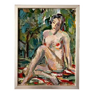 Petite French Nude en Plein Aire, Vintage Oil on Canvas, Framed