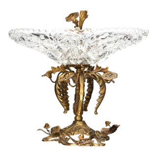 Antique Bronze & Crystal Centerpiece, Acorns & Flowers For Sale