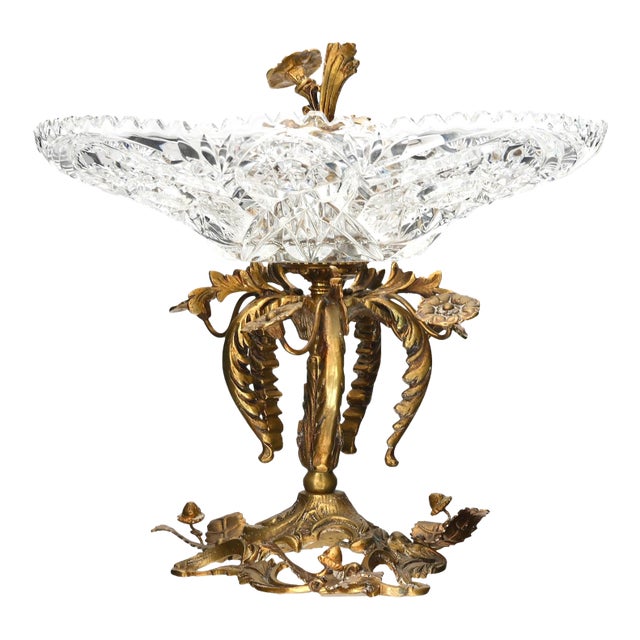 Antique Bronze & Crystal Centerpiece, Acorns & Flowers For Sale