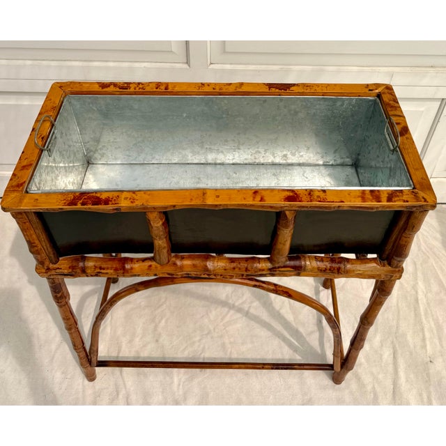 Chinoiserie Vintage Bamboo Jardinière Planter Stand With Removable Galvanized Liner For Sale - Image 3 of 13