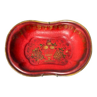 19th C. Red + Gilt and Green Toleware Serving Bowl - Paint Decorated - 12.75" For Sale