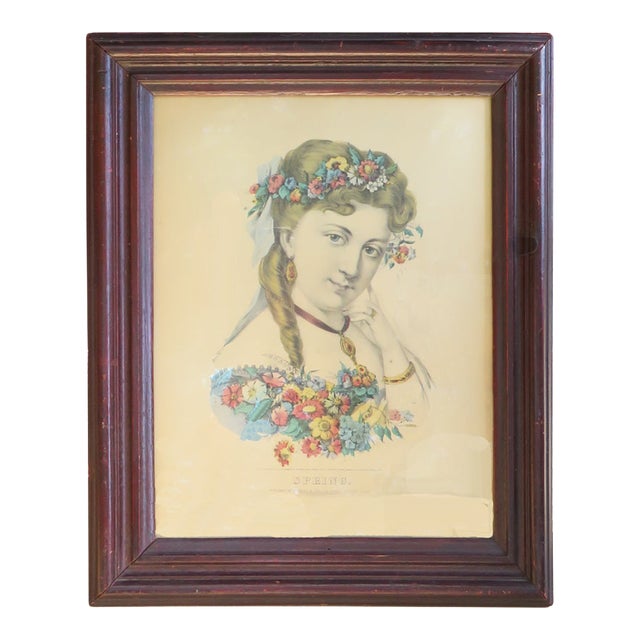 1870 Currier & Ives "Spring" Portrait Handcolored Lithograph For Sale