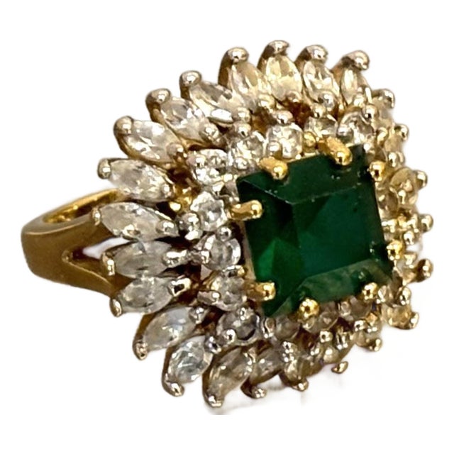 Gold-Plated Emerald & Diamond Cocktail Ring For Sale