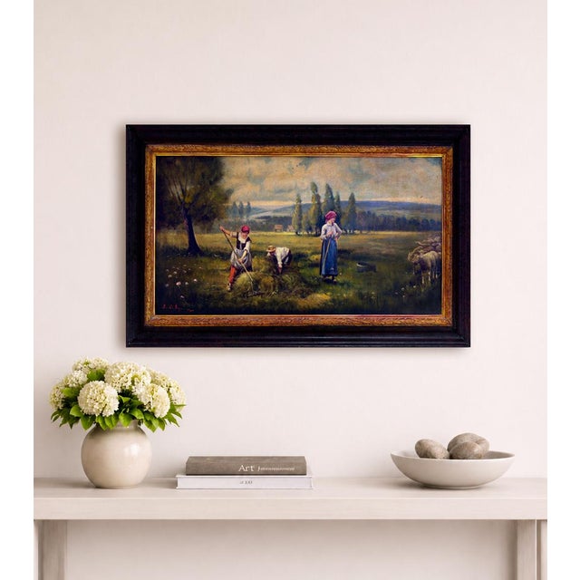 1990s Emilio Pergola, Italian Pastoral Landscape with Figures, 1990s, Oil on Canvas For Sale - Image 5 of 7