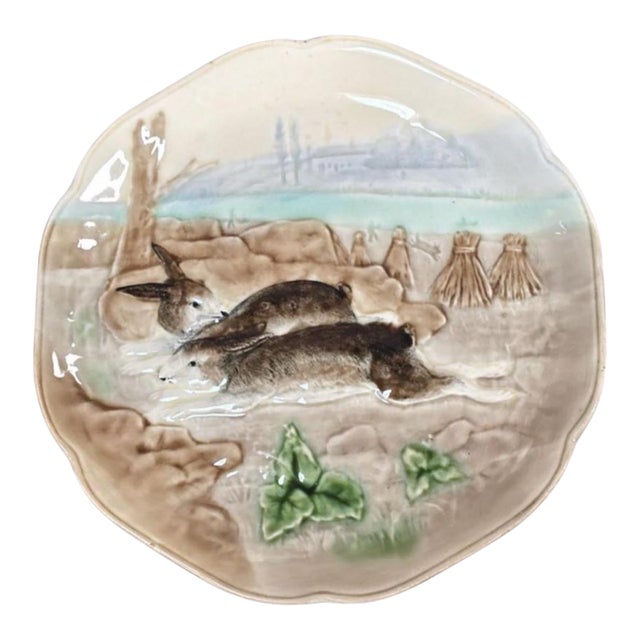 Majolica Bunnies Family Plate Choisy Le Roi, Circa 1900 For Sale