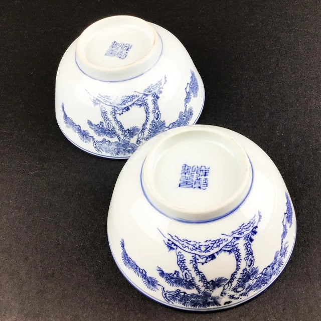 Vintage Chinese Hand Painted Underglaze Rice Bowls For Sale - Image 4 of 9