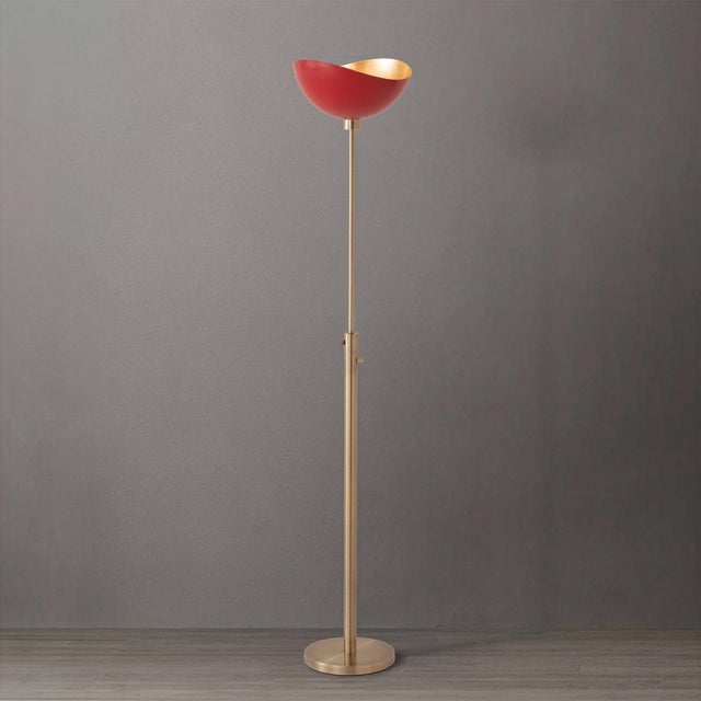 Mid-Century Modern Minimalist Luna Torchiere Floor Lamp 70" H - Mid-Century Modern, Red Gold Shade, Weathered Brass, Dimmable, Bulb Included For Sale - Image 3 of 7