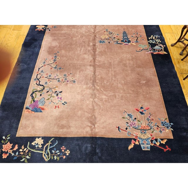 Chinese Vintage Hand-Knotted Chinese Art Deco Rug, Wool Pagoda Floral Motif, 9' x 12' For Sale - Image 3 of 17