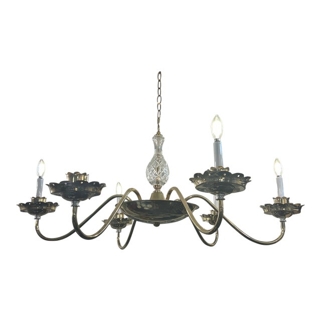 Solid Brass 6 Arm Chandelier With Glass Center and Canopy For Sale