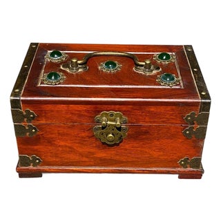 Rosewood Jewelry Box With Brass Mounts & Jade Cabochons – Chinoiserie Decor For Sale