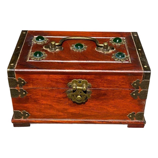 Rosewood Jewelry Box With Brass Mounts & Jade Cabochons – Chinoiserie Decor For Sale