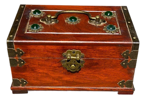 Rosewood Jewelry Box With Brass Mounts & Jade Cabochons – Chinoiserie Decor