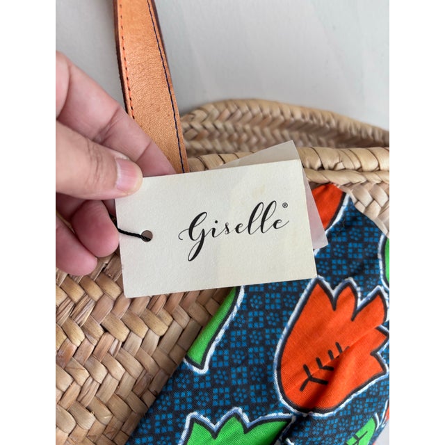 2020s A Giselle Handwoven Straw Basket / Tote Featuring a Large Bow Made From Colorful Print and Brown Leather Shoulder Straps. For Sale - Image 5 of 12