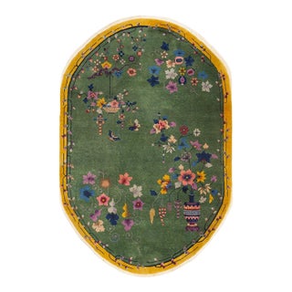 1930s Green Floral Oval Antique Chinese Art Deco Rug 6' X 8' 10" Handknotted Wool Carpet For Sale