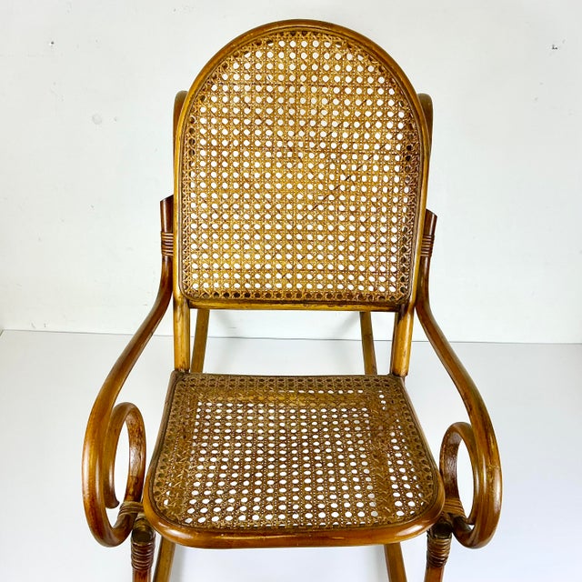 Wood Early 20th C French Boho Chic Coastal Child-Size Bentwood & Cane Rocking Chair, After Thonet For Sale - Image 7 of 15
