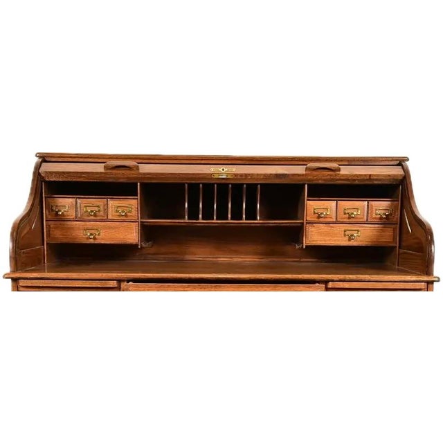 Traditional Vintage Large Oak Wood Postmaster Rolltop Desk For Sale - Image 3 of 3