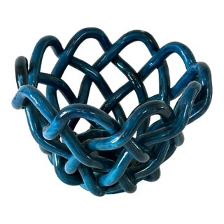 Hand Crafted Cerluean Blue Twisted Pottery Bowl For Sale