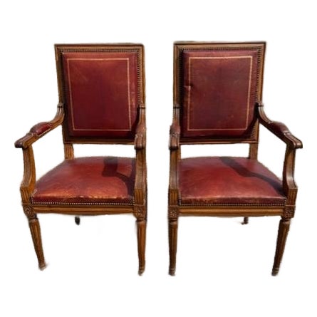 Large 19th Century Leather French Louis XVI Bergere or Armchair- A Pair For Sale