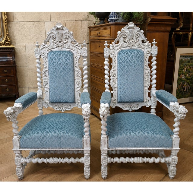 Renaissance Ceremonial Armchairs in Carved Wood Twisted Columns and Lion Heads, Set of 2 For Sale - Image 11 of 11
