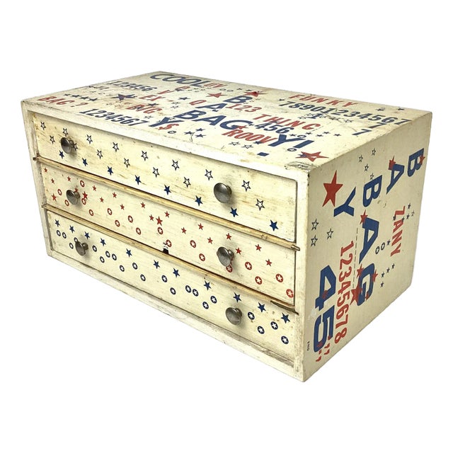 Vintage Mid-Century Folk Art Decorated Wooden Box With 3 Draws For Sale